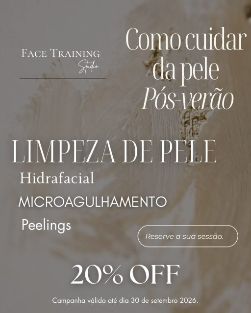 Como cuidar da pele pós verão.

No Face Training Studio dispomos dos tratamentos indicados para devolver luminosidade, hidratação e uniformidade à sua pele — e este mês com 20% de desconto.

- Limpeza de Pele Profunda — uma das melhores limpezas de pele em Lisboa

- Hidrafacial — hidratação intensa e imediata

- Peelings — indicados para manchas, cicatrizes, acne e controlo da oleosidade

- Microagulhamento com PDRN, Exossomas e Ácido Hialurónico — um dos melhores investimentos para uma pele lisa, luminosa e rejuvenescida

Não existe melhor momento para investir em si. 🤍

📍 Rua Rodrigo Albuquerque Melo, nº27B, Linda-a-Velha

✨Campanha válida até 30 de setembro de 2026

Marque já a sua sessão. 

#FaceTrainingStudio #LindaAVelha #CuidadosDePele #SkincareLisboa #Hidrafacial Microagulhamento PeleSaudável